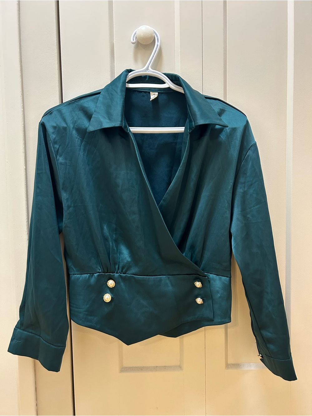 Teal Satin Wrap-Style Women's blouse with pearl Button Detail